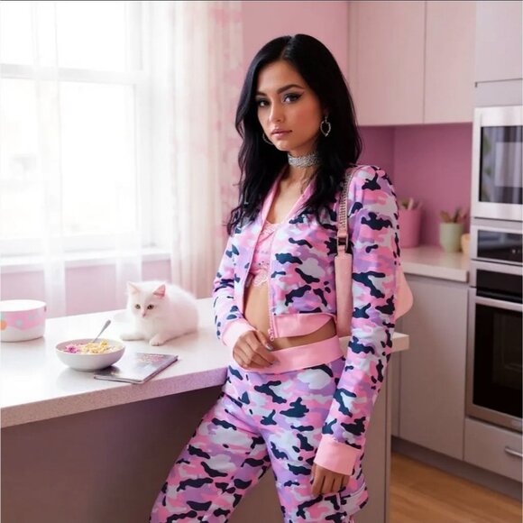 Snowflake Cadet Camo Zip-Up Crop Sweatshirt in Pink & Purple by Sugar Thrillz S - Picture 1 of 7